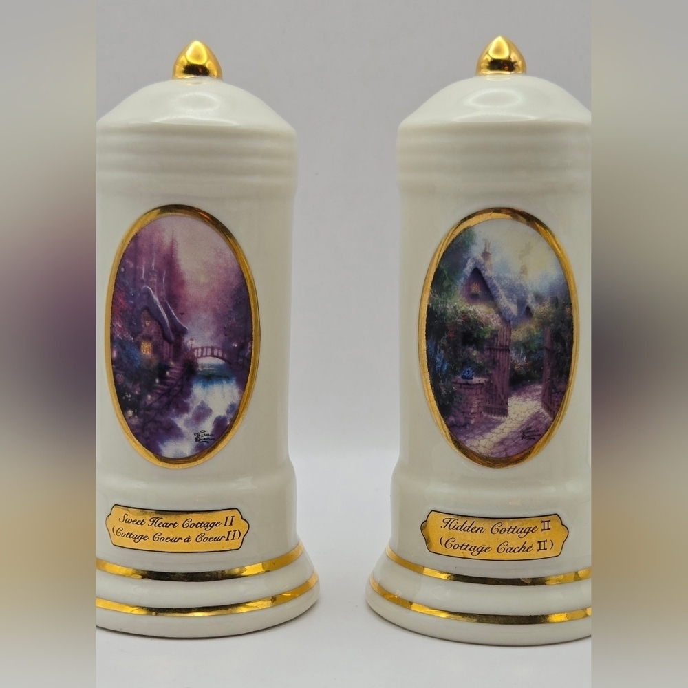 Thomas Kinkade Avon China Cottage Salt Pepper Shakers Gold Trim - Picture 2 of 10